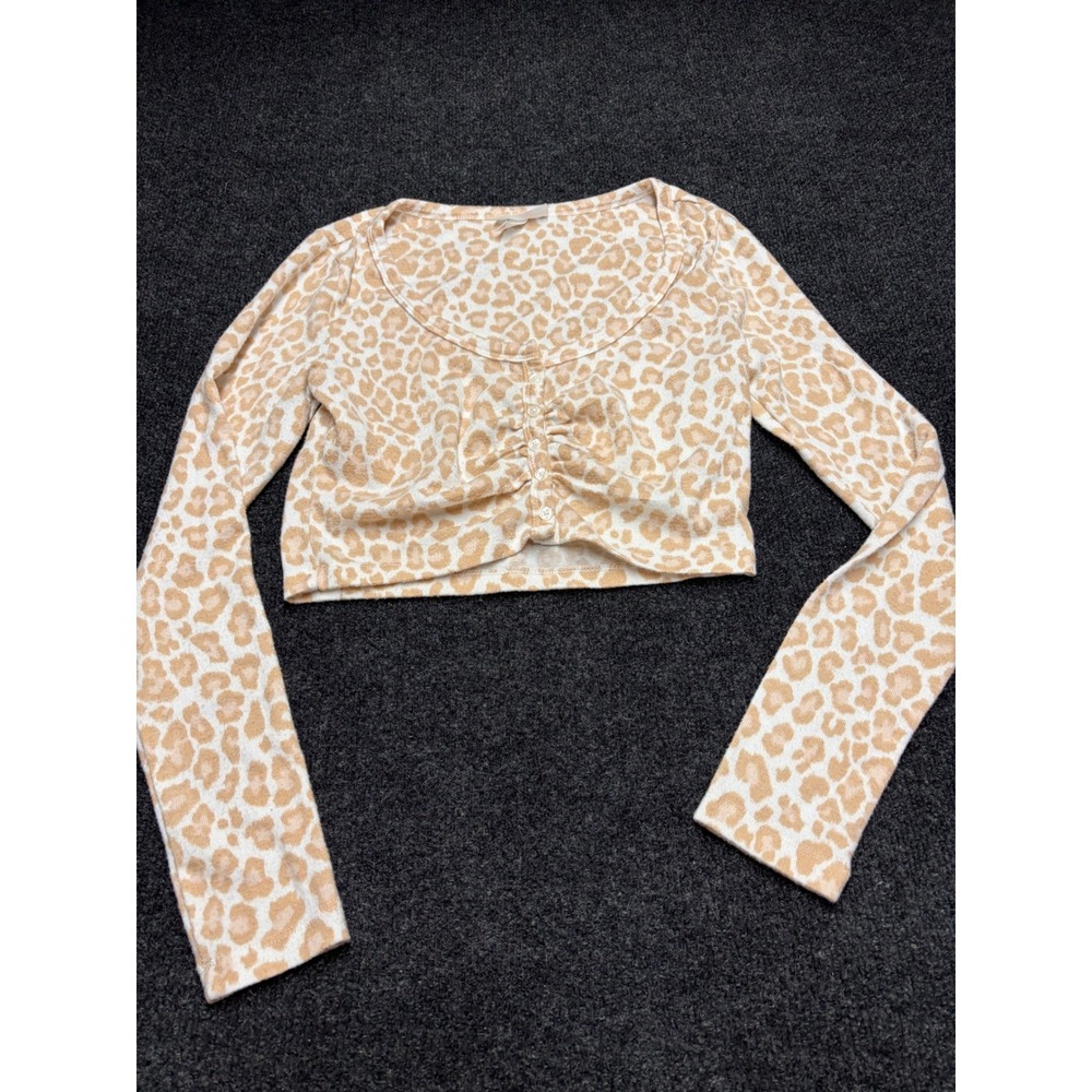 Colsie Womens Leopard Print Ruched Button Front Crop Top Tan Beige Size Medium
